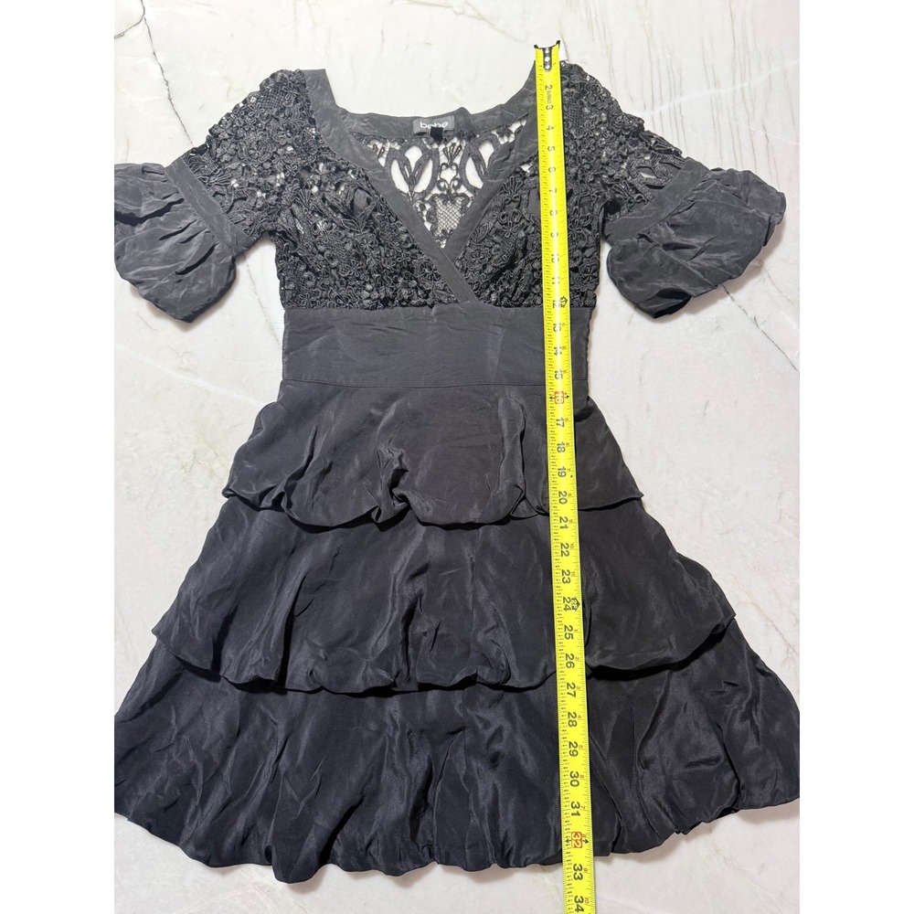 bebe Black Lace Crochet Silk Tiered Ruffle Mini Dress Puff Sleeve Womens Size XS - Picture 10 of 16